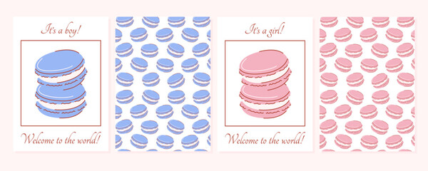 It's a boy and it's a girl card, gender reveal party. Blue and pink macarons background, front and back side pattern. Hand drawn vector flat illustration, set of a4 vertical posters for happy moment