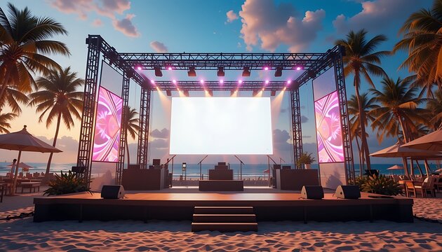 Beach Stage Setup with Blank Screen Ready for Event or Performance