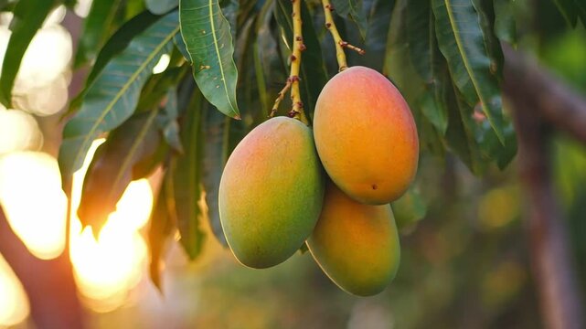 Ripe mango fruits on mango tree