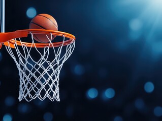 A basketball poised on the rim of a hoop, set against a blurred blue background