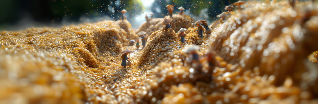 Miniature explorers crossing golden grain canyon – creative macro diorama food landscape
