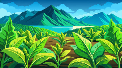 Green tobacco plants growing in a plantation against a backdrop of a clear blue sky and majestic mountains reflected in a body of water, mountains, reflection, outdoors, © ehsanollah