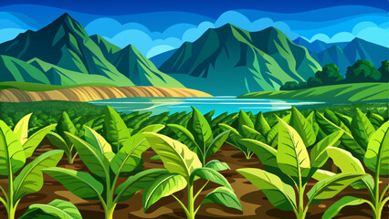 Green tobacco plants growing in a plantation against a backdrop of a clear blue sky and majestic mountains reflected in a body of water, mountains, reflection, outdoors, © ehsanollah