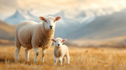 Obraz premium Newborn Lamb Taking Its First Steps Beside Watchful Mother in Peaceful Grassy Paddock Countryside Pastoral Scene Photography Style with Copy Space