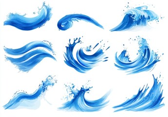 Fototapeta premium Collection of stylized blue waves. Various shapes and sizes of water splashes and ripples