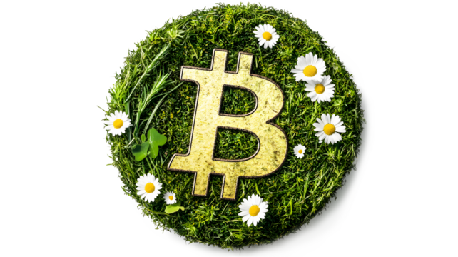 A coin with the letter B on it is surrounded by grass and flowers. The image has a natural and organic feel to it, with the grass and flowers creating a sense of harmony and balance