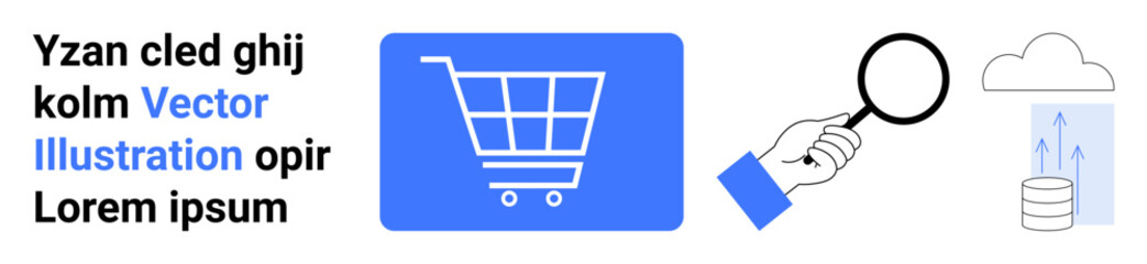 Shopping cart in blue rectangle, magnifying glass examining data, cloud with upload signals and server icon. Ideal for e-commerce, analytics, search, technology, networking, storage simple landing