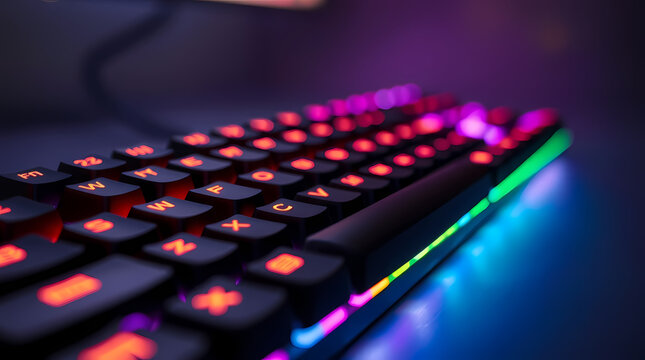 Close-up of RGB mechanical keyboard with vibrant backlight in dark gaming setup