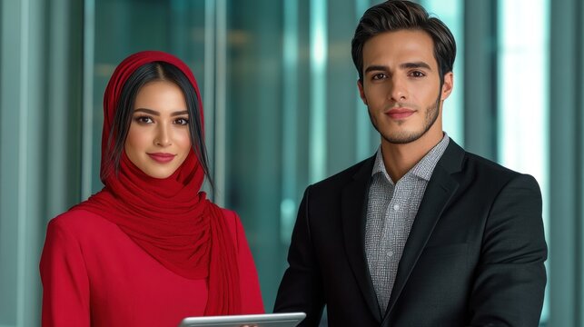 Multicultural Office: Muslim Secretary Sharing Info with Boss on Tablet, Diversity in Workplace Environment Concept