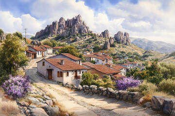 Fototapeta premium Charming watercolor landscape of rustic village with mountains and vibrant flora