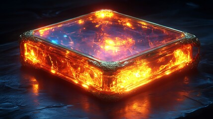 Flaming golden box with glowing blue core.