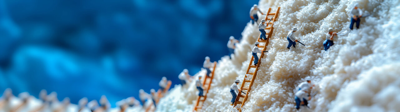 Miniature workers on sugar crystal cliff &ndash; vibrant macro diorama scenery, small world concept