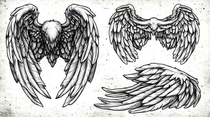 Illustrations presenting various detailed renderings of birdlike wings in black and white