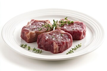 Fresh Raw Meat Cuts on White Plate with Herbs Ready for Cooking and Culinary Preparation