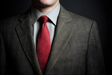 The Enigmatic Executive: A close-up shot of a business suit with a striking red tie, exuding professionalism and a sense of corporate style.