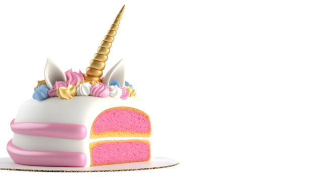 A unicorn cake with a pink and white frosting and a gold horn on top. The cake is cut in half, revealing a pink filling