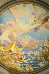 Dettaglio del soffitto affrescato del vecchio teatro Marinoni all'interno dell'ospedale abbandonato del Lido di Venezia