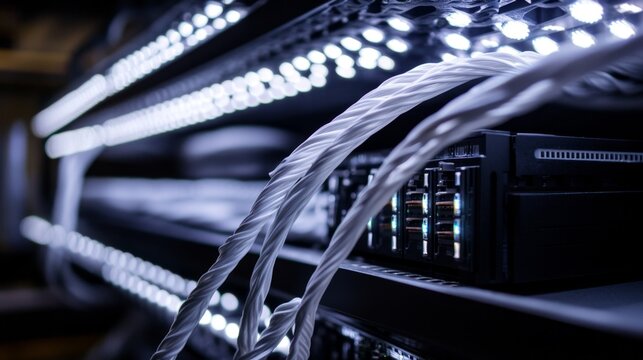 Server rack cables illuminated in dark server room