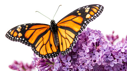Fototapeta premium A butterfly is perched on a purple flower. The butterfly is orange and black, and it is resting on the flower. Concept of tranquility and beauty, as the butterfly and flower are both delicate