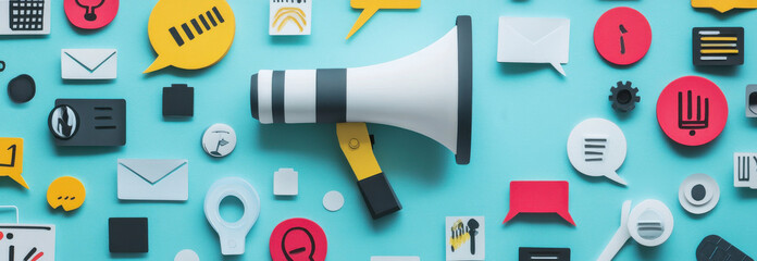 Colorful communication icons surround megaphone, symbolizing digital marketing and social media engagement. This vibrant composition highlights importance of effective messaging