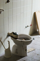 La tazza di una toilette con sopra una scarpa in una stanza da bagno dell’ospedale abbandonato...