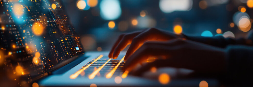 person typing on laptop with glowing keys, surrounded by digital atmosphere filled with light particles, creating modern and tech savvy ambiance