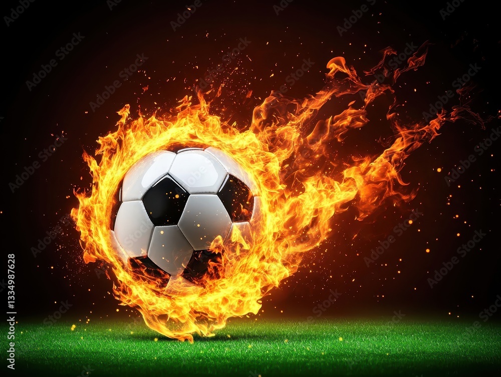 Poster flaming soccer ball in motion on a vibrant field with dynamic background
