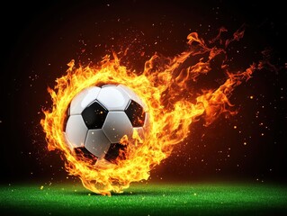 Fototapeta premium Flaming soccer ball in motion on a vibrant field with dynamic background