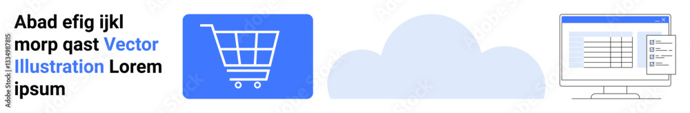 Poster shopping cart icon, cloud shape, and computer screen with data table representation. ideal for e-com