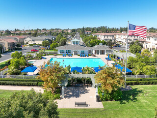 Aerial view of middle class community identical condominium apartment, Oceanside, South California,...