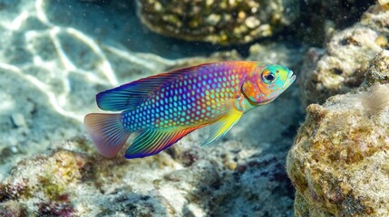 A rare rainbow-colored fish swims gracefully in crystal-clear waters, showcasing its vibrant hues against a beautiful underwater backdrop