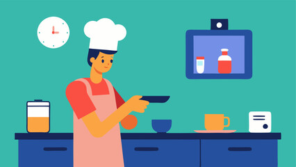 Smarch During Cooking A person in a kitchen following a recipe on their smarch glancing at cooking instructions displayed on the screen.