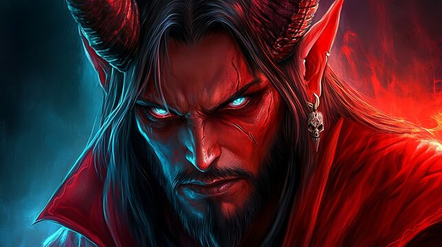 Close-up portrait of a powerful, red-skinned demon with horns and glowing eyes. - Powered by Adobe