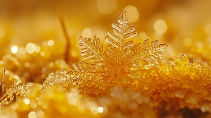 A glistening detailed close up photograph of a snowflake on snow