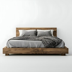 Cozy Modern Bedroom: Comfortable Wood Bed with Gray Bedding, Plaid Blanket, and Minimalist Style