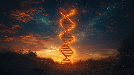 Obraz premium Illuminated DNA Helix at Sunset with Starry Sky and Dramatic Cloud Formation