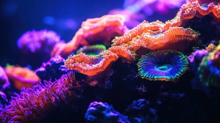 Fototapeta premium Glowing coral reef illuminated by UV light creates a stunning underwater scene at night, showcasing vivid colors and intricate textures of marine life