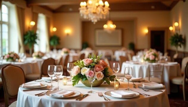 Beautiful blooms and greenery adorning tables in wedding banquet hall, flowers, decoration