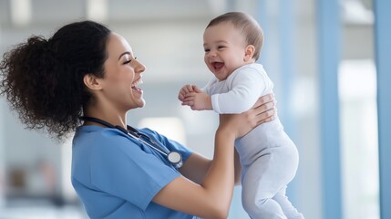 Joyful nurse holds up a happy newborn baby at the hospital