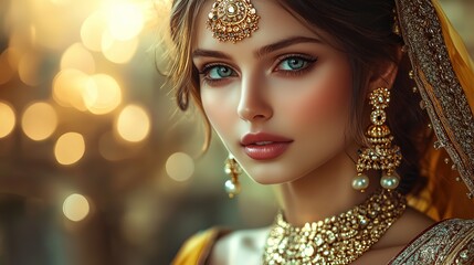 Fototapeta premium pretty Indian woman wearing gold jewelry ornate with traditional dress Sari with bokeh light 