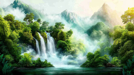Lush tropical rainforest with cascading waterfalls and misty mountains in vibrant sunlight