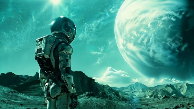 An Astronaut is Gazing at an Alien World While Experiencing a Breathtaking Cosmic Landscape All Around