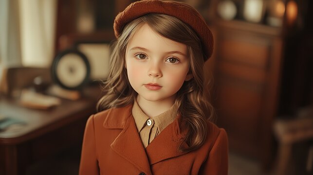 pretty young girl retro vintage 60s fashion portrait look cute and pretty in brown felt jacket and 
Berette cap 