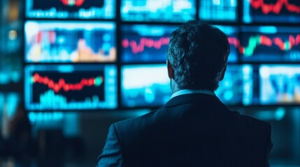Investor in suit watching a wall of screens showing stock market graphs and charts.
