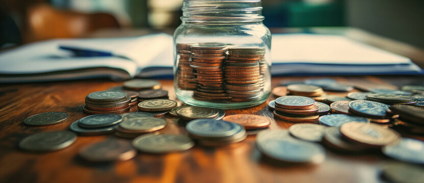glass jar filled with coins sits on wooden table, surrounded by scattered coins and notebooks, symbolizing savings and financial planning