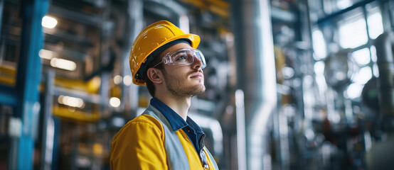 focused engineer wearing hard hat and safety glasses in industrial setting, showcasing dedication and professionalism