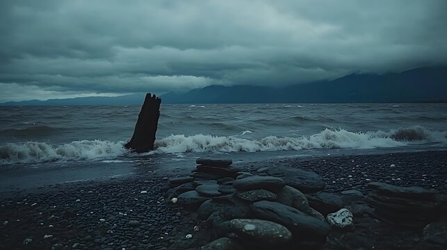 Stormy sea with dark clouds, waves crashing on shore near a weathered log and a rock cairn. - Powered by Adobe