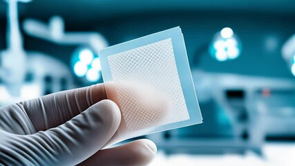 A transparent artificial skin patch being held up against bright light, showing its delicate structure, fine texture, and microperforations, with a blurred clinical background emphasizing advanced 