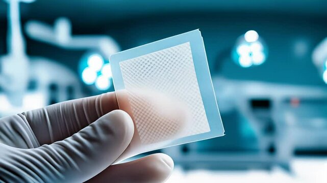 A transparent artificial skin patch being held up against bright light, showing its delicate structure, fine texture, and microperforations, with a blurred clinical background emphasizing advanced 