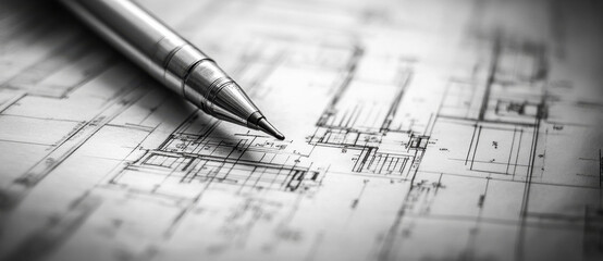 Blueprints and silver pen on architectural plans, showcasing design details and precision in engineering. image conveys sense of professionalism and creativity